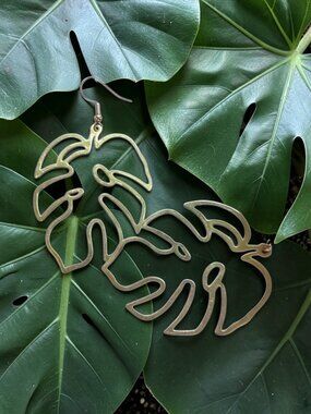 Gold Tortoise Leaf Earrings Brass Oversized Tropical Statement Dangle 3"
